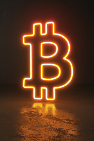 Glowing orange neon Bitcoin symbol against a dark backdropの素材