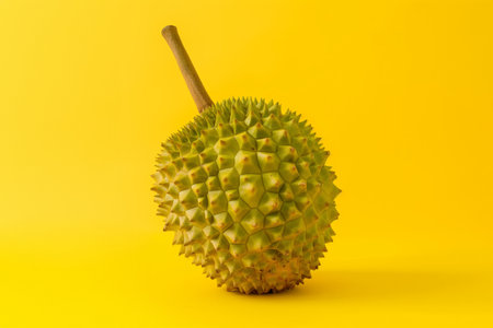 Whole durian fruit with stem on a yellow background, showing its spiky exteriorの素材