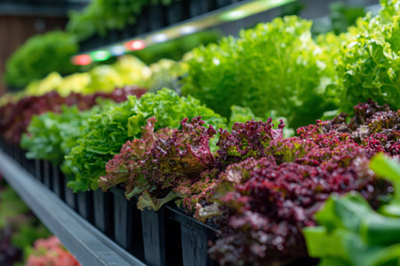 Vertical farm setup showcasing lush green lettuce under artificial lightsの素材