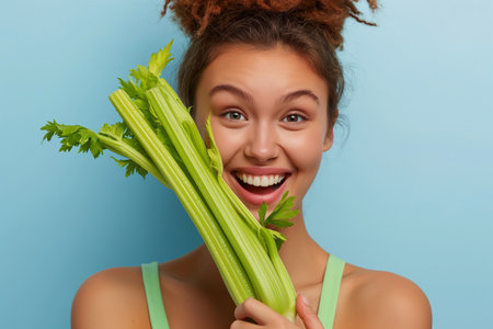 Happy beautiful woman holding celery stalk on blue backgroundの素材