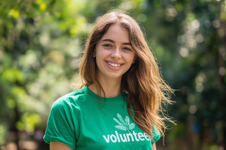 Smiling young woman in a green volunteer t shirt, outdoors with a blurred green backgroundの素材