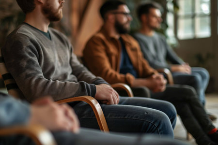 Diverse people sitting in a close circle and talking to a therapist. Group therapy sessionの素材
