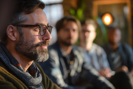 Diverse people sitting in a close circle and talking to a therapist. Group therapy sessionの素材