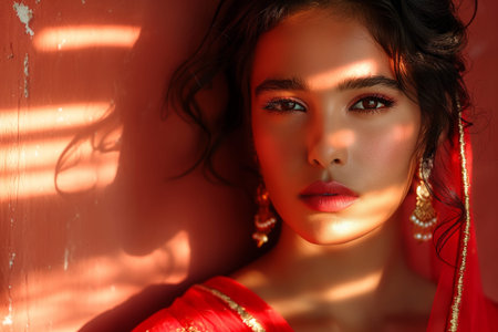 An Indian womans close up, with dramatic lighting, highlighting her traditional jewelry and makeupの素材