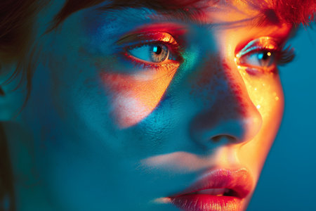 Vivid red and blue hues illuminate a woman's face, emphasizing her expressive eyes and bold makeupの素材