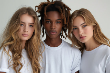 Three models in white tees pose with natural looks, showcasing diversity and casual eleganceの素材