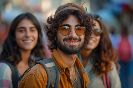 A cheerful trio with backpacks enjoys a sunny day out, sharing laughter and good vibes.の素材