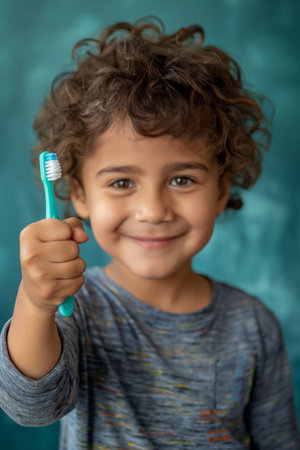 Joyful curly haired boy holding a toothbrush with a toothpaste smile, against a blue backgroundの素材