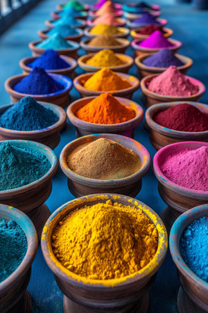 Piles of colored powder in wooden bowls on the showcase ready for the Indian Holi festivalの素材