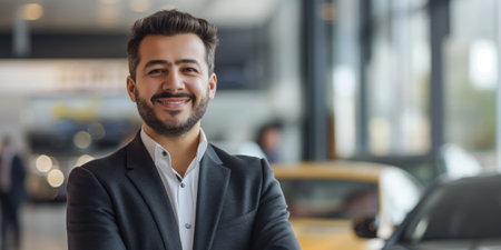 Confident Caucasian salesman in a suit smiling in a luxury car showroomの素材