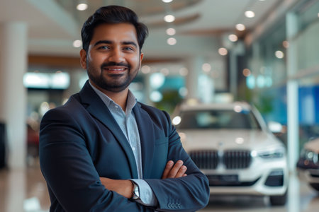 Confident Indian salesman in a suit smiling in a luxury car showroomの素材