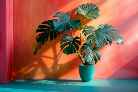 Monstera houseplant in blue pot on the floor against gradient red wall backgroundの素材