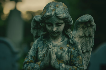 An old statue of a mourning angel on a headstone in a cemeteryの素材