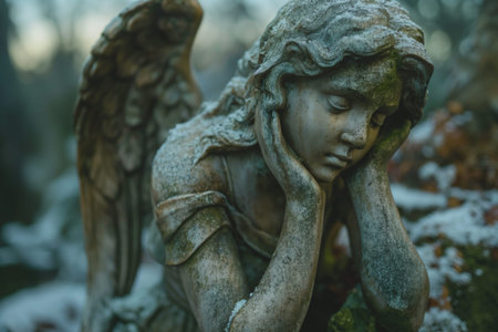 An old statue of a mourning angel on a headstone in a cemeteryの素材