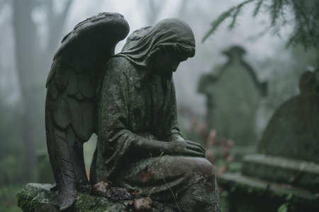 An old statue of a mourning angel on a headstone in a cemeteryの素材