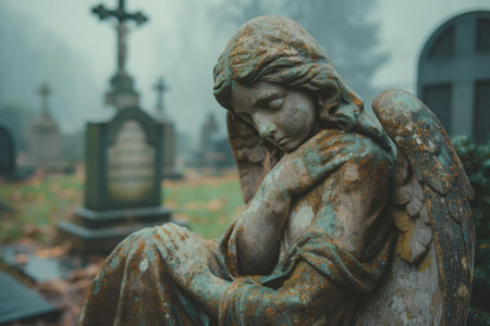 An old statue of a mourning angel on a headstone in a cemeteryの素材