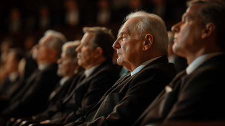 Men and women in mourning back suits sitting in the row on the bench in church at a funeralの素材