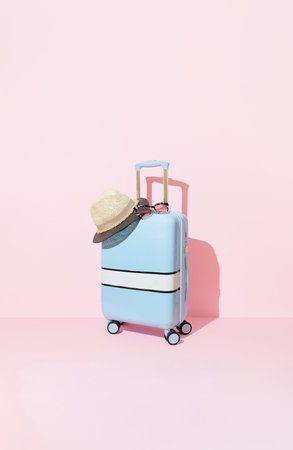 Blue suitcase with sunglasses and hat on a pastel pink background with long deep shadows. Travel...