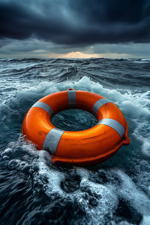 An orange lifebuoy floating in the ocean during a dangerous stormの素材