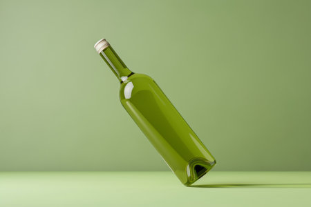 A bottle of white wine, floating against a monochromatic green backgroundの写真素材