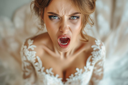 Portrait of irritated angry bride woman in beautiful white wedding dressの素材