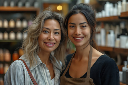 Satisfied and happy blonde female hairdresser and client with wavy blonde hairdo in beauty salonの素材