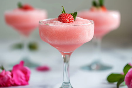 Pink frothy cocktails froze garnished with mint and a flower, surrounded by vibrant pink bloomsの素材