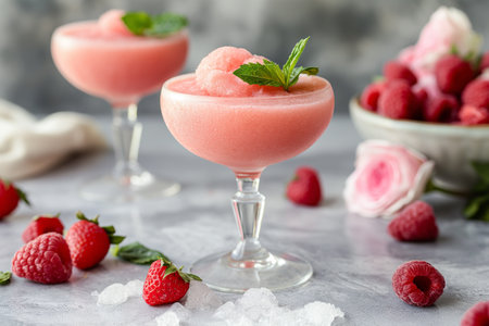 Pink frothy cocktails froze garnished with mint and a flower, surrounded by vibrant pink bloomsの素材