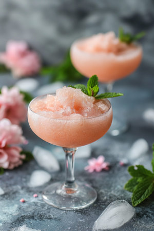 Pink frothy cocktails froze garnished with mint and a flower, surrounded by vibrant pink bloomsの素材