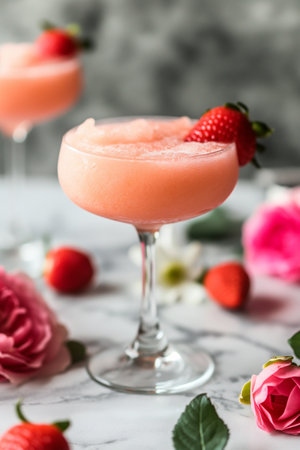 Pink frothy cocktail frose garnished with mint and a flower, surrounded by vibrant pink bloomsの素材