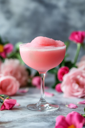 Pink frothy cocktail frose garnished with mint and a flower, surrounded by vibrant pink bloomsの素材