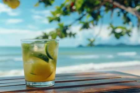 Refreshing caipirinha cocktail with lime and mint on a beachの素材