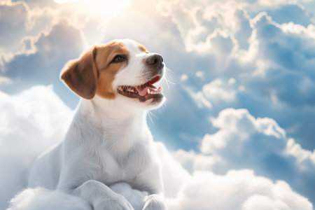 Jack Russell Terrier resting on fluffy clouds with blue sky in dog heavenの素材