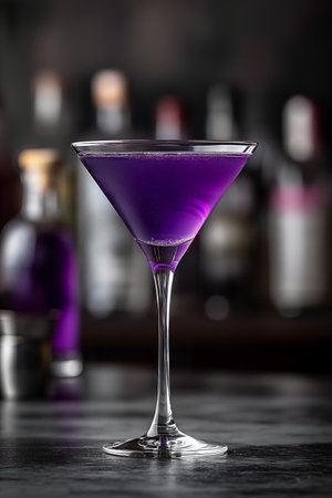 Elegant Aviation cocktail in a glass on a textured gray backgroundの素材