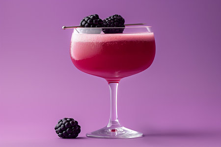 Bramble cocktail topped with blackberries on a purple backdrop, with scattered berriesの素材