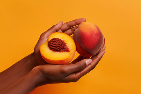 African American womans hand holding half of peach against orange background in sunlightの素材