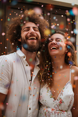 Laughing couple showered in confetti, capturing a moment of pure joy and celebrationの素材