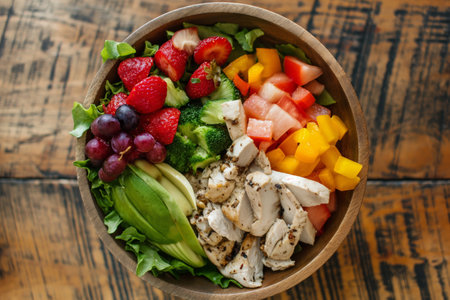 Nutritious salad bowl packed with fruits veggies and grilled chicken on a wooden tableの素材