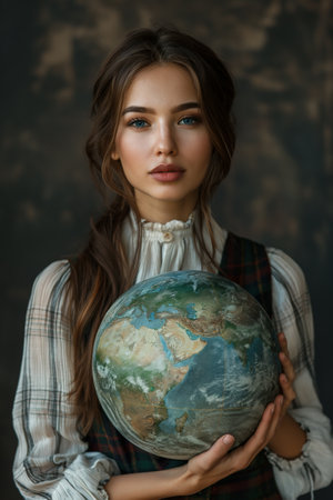 A beautiful woman holds a globe, Earth day conceptの素材