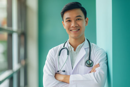Happy Asian doctor with stethoscope, standing with crossed arms in a bright hallwayの素材