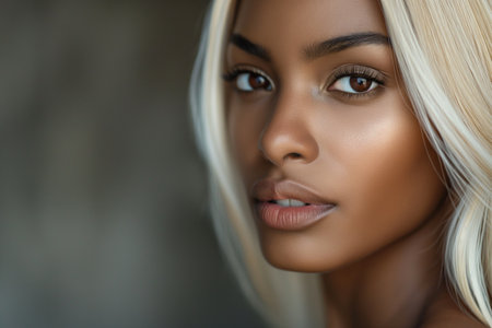 Close up of a woman with sleek platinum hair, soft makeup, and a thoughtful gazeの素材