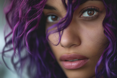 Intimate close up of a woman with deep purple curlsの素材