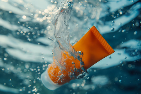 Orange cosmetic tube of sunscreen lotion underwaterの素材