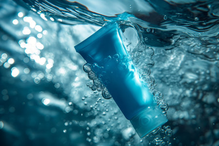 Blue cosmetic tube making a splash as it sinks in waterの素材