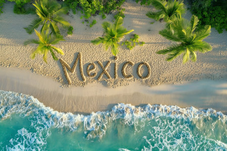 Mexico spelled out in large letters on a sandy beach flanked by palm treesの素材