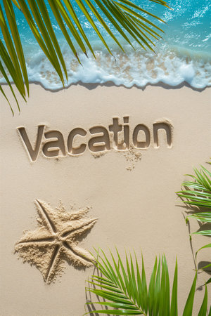 Vacation and a starfish imprint on the sand, framed by palm fronds and ocean wavesの素材