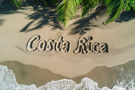 Costa Rica elegantly carved into the beach sand, framed by palm shadows and incoming waveの素材