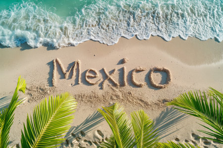 Mexico carved into the sandy shore framed by palm fronds with waves gently cresting towards the beachの素材
