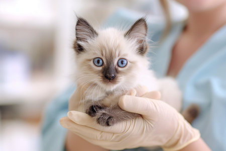Adorable Siamese kitten with striking blue eyes, held gently by a vet wearing glovesの素材