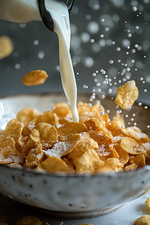 Milk splashing over sugar-dusted cornflakes, dynamic close-up with flying flakesの素材